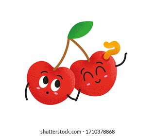 Happy sour cherry and a worm vector illustration for children. Two cute cherry friend holding each others hand. Lovely fruit concept for kids.