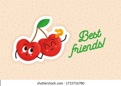 Happy sour cherry and a worm vector illustration for children. Two cute cherry friend holding each others hand. Lovely fruit sticker for kids on a pattern.