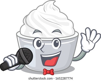 Happy sour cream singing on a microphone