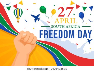 Feliz 27 de abril: Ilustración del vector del Día de la Libertad en Sudáfrica con bandera ondulada y cinta de opciones en diseño de fondo de caricatura de festividad plana