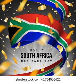 Happy South Africa Heritage day greeting card with ribbon in the colors of the national flag of RSA on a dark background with salute of golden confetti.