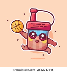 happy soy sauce bottle character mascot playing basketball isolated cartoon