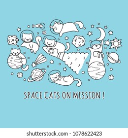 Happy space cats on mission for printed tee and design element. Vector illustration