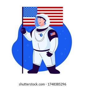 Happy spaceman character cartoon - flat style vector illustration - United States modern astronaut in glasses, smiling - flat style