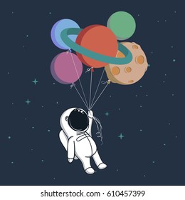 Happy spaceman keeps a balloons like a planets in space .Childish cartoon vector illustration