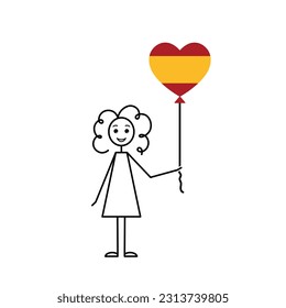 happy spanish girl, love Spain sketch, female character with a heart shaped balloon, black line vector illustration