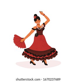 Happy Spanish girl in red traditional dress passionately dancing flamenco with hand fan. Vector hand drawn isolated illustration.