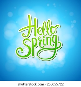 Happy sparkling Hello Spring card design with flowing green and white script over a textured graduated blue background in square format, vector illustration.