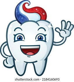 Happy Sparkling Smiling Tooth Cartoon Character waving happily with gel toothpaste for hair 