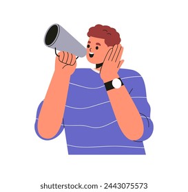 Happy speaker with megaphone, loudspeaker. Person with bullhorn, amplifier in hand, announcing, speaking, advertising, informing and promoting. Flat vector illustration isolated on white background