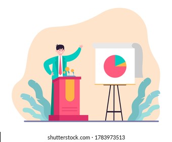 Happy speaker presenting report. Leader, candidate at tribune, chart, diagram flat vector illustration. Presentation, business, conference concept for banner, website design or landing web page