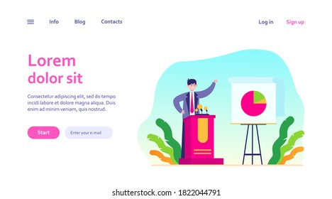 Happy speaker presenting report. Leader, candidate at tribune, chart, diagram flat vector illustration. Presentation, business, conference concept for banner, website design or landing web page