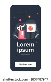 Happy speaker presenting report. Leader, candidate at tribune, chart, diagram flat vector illustration. Presentation, business, conference concept for banner, website design or landing web page