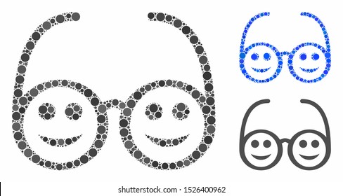 Happy spectacles mosaic for happy spectacles icon of filled circles in variable sizes and color tints. Vector filled circles are grouped into blue mosaic.