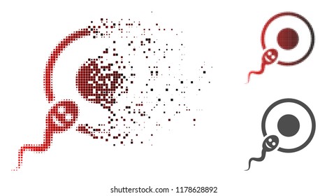 Happy sperm insemination icon in dissolved, dotted halftone and undamaged entire versions. Pieces are organized into vector disappearing happy sperm insemination icon.