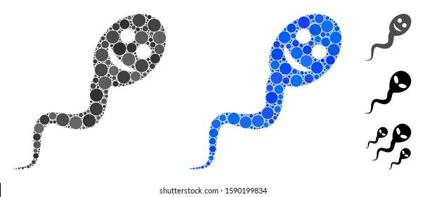 Happy spermatozoon composition of round dots in variable sizes and shades, based on happy spermatozoon icon. Vector round dots are combined into blue mosaic.