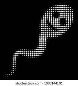 Happy spermatozoon halftone vector icon. Illustration style is pixel iconic happy spermatozoon symbol on a black background. Halftone pattern is made from circle elements.