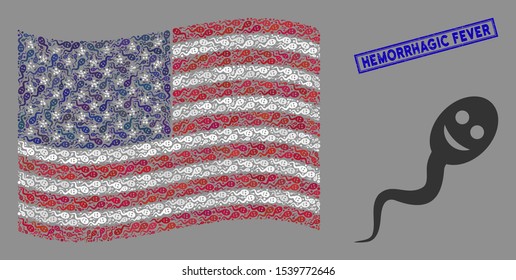Happy spermatozoon icons are grouped into USA flag mosaic with blue rectangle grunge stamp seal of Hemorrhagic Fever phrase.