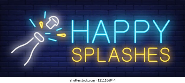 Happy splashes neon sign. Champagne with popping cork. Toast, New Year, congratulation. Night bright advertisement. Vector illustration in neon style for holiday, celebration, alcohol