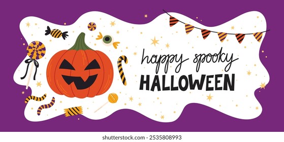 Capa de Halloween feliz ou design de cartão. Letras desenhadas à mão e abóbora assustadora fofa. Modelo de ilustração vetorial