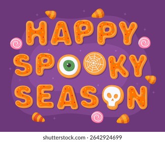 Happy Spooky Season. Halloween greeting card, orange halloween gingerbreads on a purple background. Halloween sweets, skull, eye, web, candy.