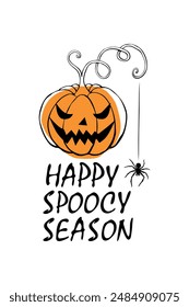 Happy spooky season. Halloween party banner, invitation, greeting card, costume party poster and celebration announce with creepy pumpkin and hanging spider