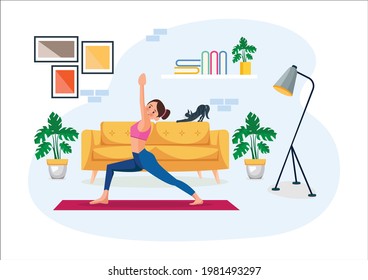 Happy Sport Activity. Young Women Doing Morning Exercising at Home. Fitness Workout Exercise, Healthy Lifestyle Indoor Sports Cartoon Flat Vector Illustration