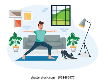 Happy Sport Activity. Young Women Doing Morning Exercising at Home. Fitness Workout Exercise, Healthy Lifestyle Indoor Sports Cartoon Flat Vector Illustration