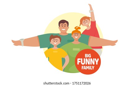Happy sport family. Dad, mother, son and daughter lead a healthy lifestyle and are engaged in fitness and sports. Vector illustration in a flat style