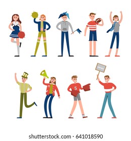 Happy sport fans and supporters characters. Support for baseball team vector Illustrations