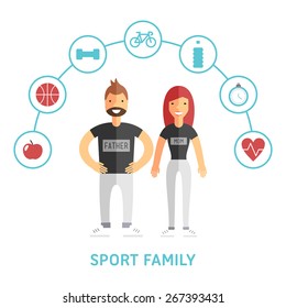 Happy Sport and Healthy Family. Father and mother. Flat Design Vector Illustration with Icons