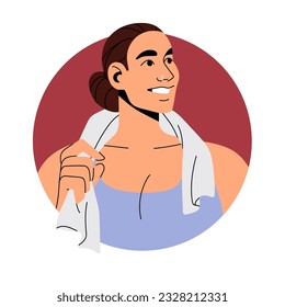 Happy sport woman with gym towel on shoulders. Strong girl athlete avatar, user profile, head portrait. Sportswoman, trainer person face. Flat vector illustration isolated on white background