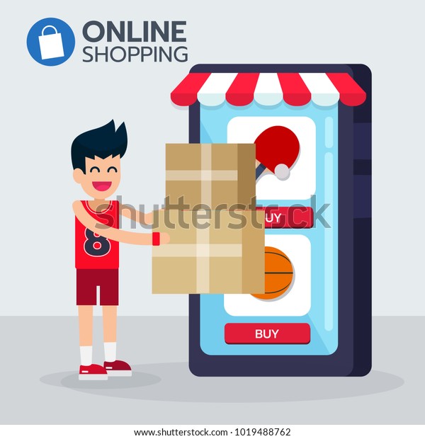 Happy sportman Get box order from e\
commerce application shopping online  with table tennis, basketball\
on screen, online service at home. Vector\
illustration