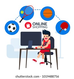 Happy sportman sit in front computer, search and buy with football, table tennis, basketball, tennis  icon from e-commerce. Shopping online. Vector illustration