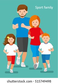 Happy sports family. Flat illustration.