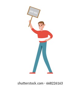 Happy sports fan standing and holding whiteboard with an inscription Go cartoon character vector Illustration