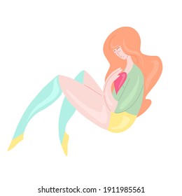 Happy sports girl hugging heart. Body positivity, confidence and self acceptance. The power of women and feminism. Delicate vector illustration for postcards, articles, banners and your creativity.