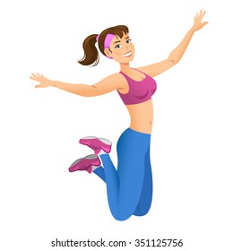 Happy sports girl jumping in the air. Sport, happy and free concept, vector illustration