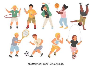 Happy sports kids isolated vector set on white. Little boys and girls playing with basketball and soccer ball, racket, training with hula hoop and jumping rope, doing active workout illustration