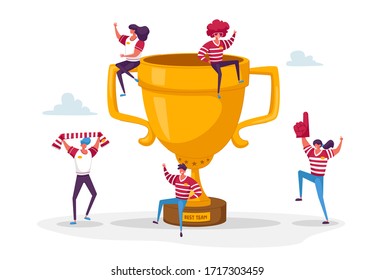 Happy Sports Team Celebrate Victory and Success. Tiny Male Female Characters with Funny Attribution and Sport Uniform Sitting and Jumping around of Huge Golden Cup. Cartoon People Vector Illustration