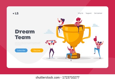 Happy Sports Team Celebrate Victory and Success Landing Page Template. Tiny Characters with Funny Attribution and Sport Uniform Jumping around of Huge Golden Cup. Cartoon People Vector Illustration