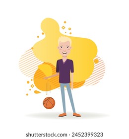 Happy sportsman with ball. Young man playing basketball. Flat vector illustration. Sport, education, game, competition, concept for web design, banner or landing page