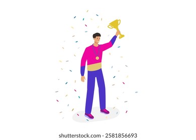 
Happy Sportsman with Medal holding golden Trophy in hand. Victory, winner. Awards ceremony celebrating first place. Flat Person Vector Illustration isolated.