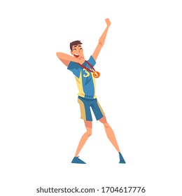 Happy Sportsman with Medal, Male Athlete in Uniform Celebrating His Victory Vector Illustration
