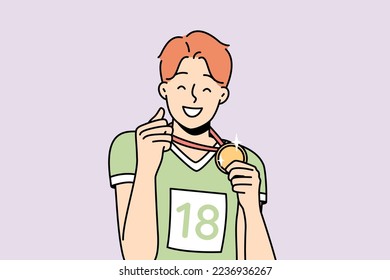 Happy sportsman shows gold medal he got. Guy won sports competitions. Boy is proud of his award. First place winner. Champion shows his achievement, prize. Vector graphics in color.