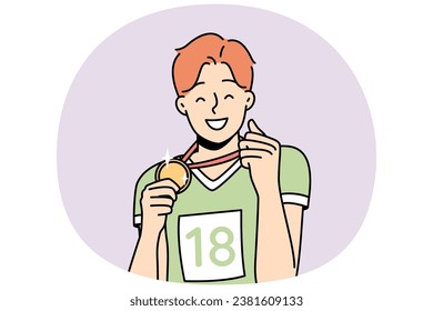 Happy sportsman shows gold medal he got. Guy won sports competitions. Boy is proud of his award. First place winner. Champion shows his achievement, prize. Vector graphics in color.