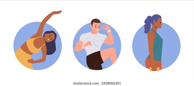 Happy sportsman and sportswoman, fitness trainer, athletic people isolated round composition set