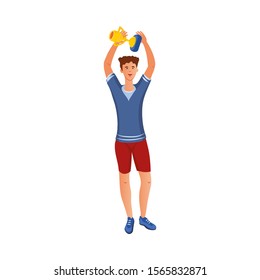 Happy sportsman standing and holding golden victory cup vector illustration