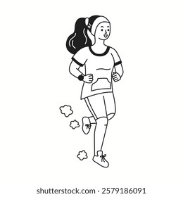 Happy sportswoman enjoys jogging in morning linear icon. Female improves physical endurance outdoors doodle character thin line illustration