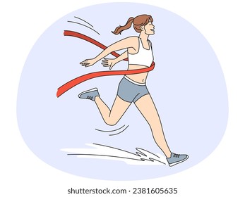 Happy sportswoman in uniform running finish first in race. Smiling female athlete win in competition. Sport and leadership, vector illustration.